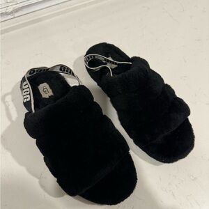 UGG Women's Black Fluffy Slippers with Logo Strap